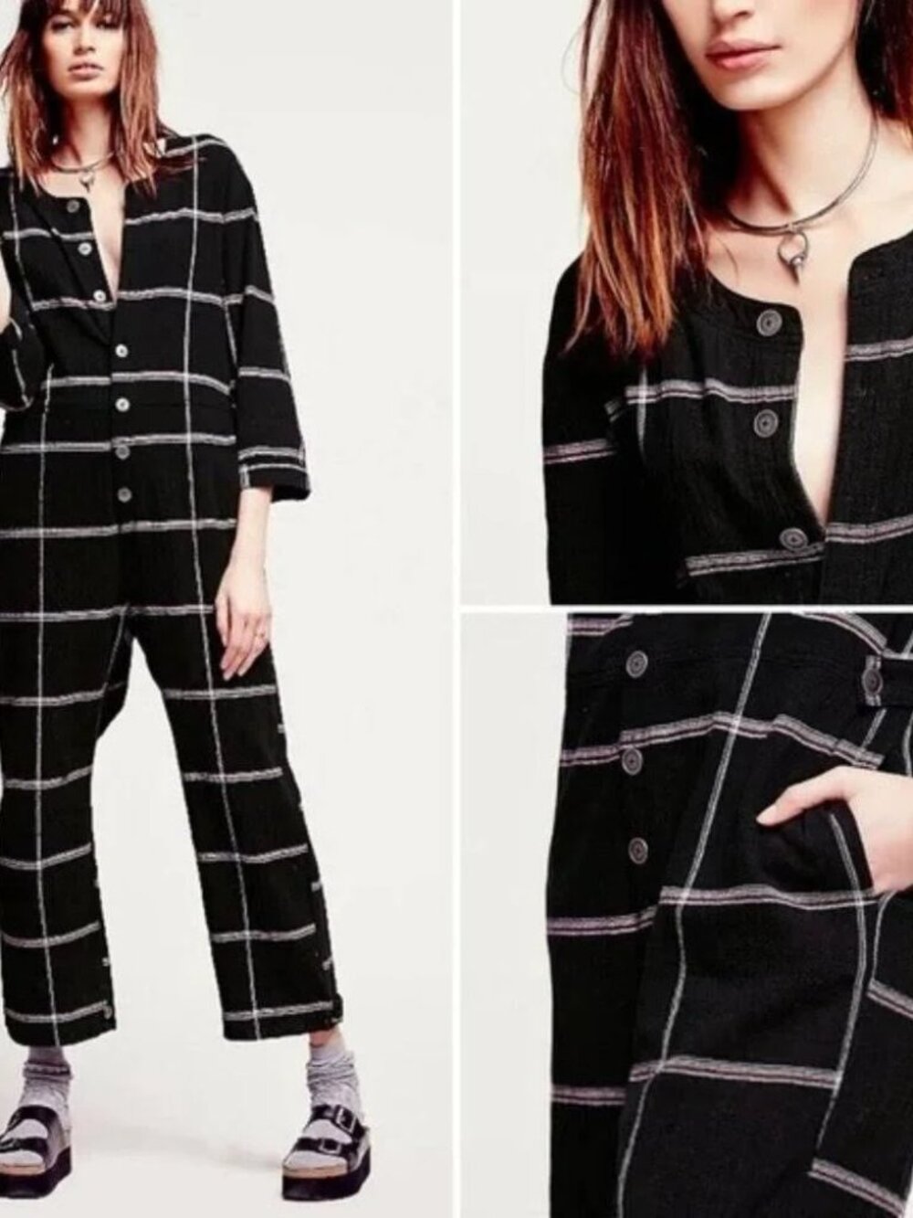 Free People Black. Plaid Jumpsuit